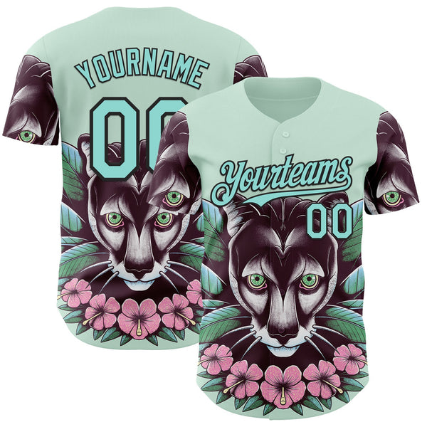 Custom Green Ice Blue-Black Buba Viedma Panther Badge Authentic Baseball Jersey