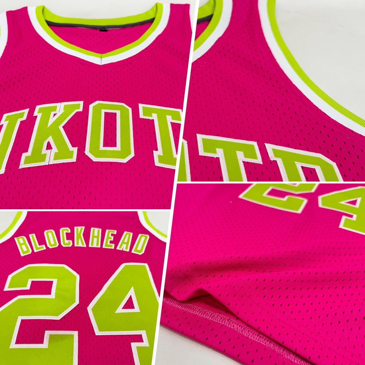 Custom Pink Neon Green-White Authentic Throwback Basketball Jersey - Back