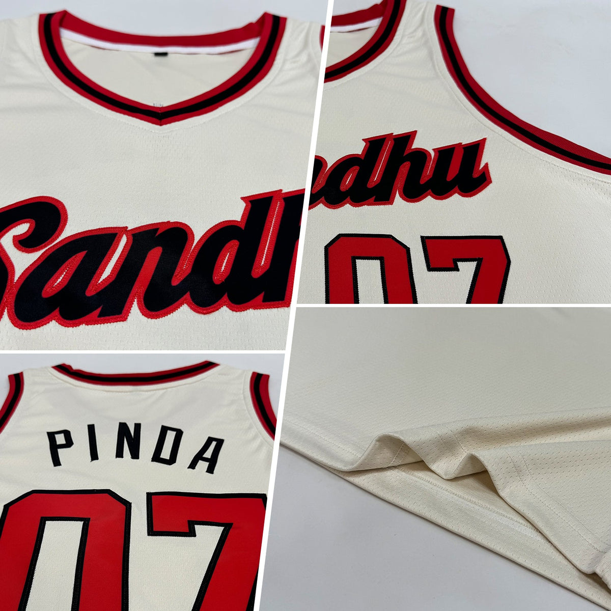 Custom Cream Red-Black Round Neck Rib-Knit Basketball Jersey - Back