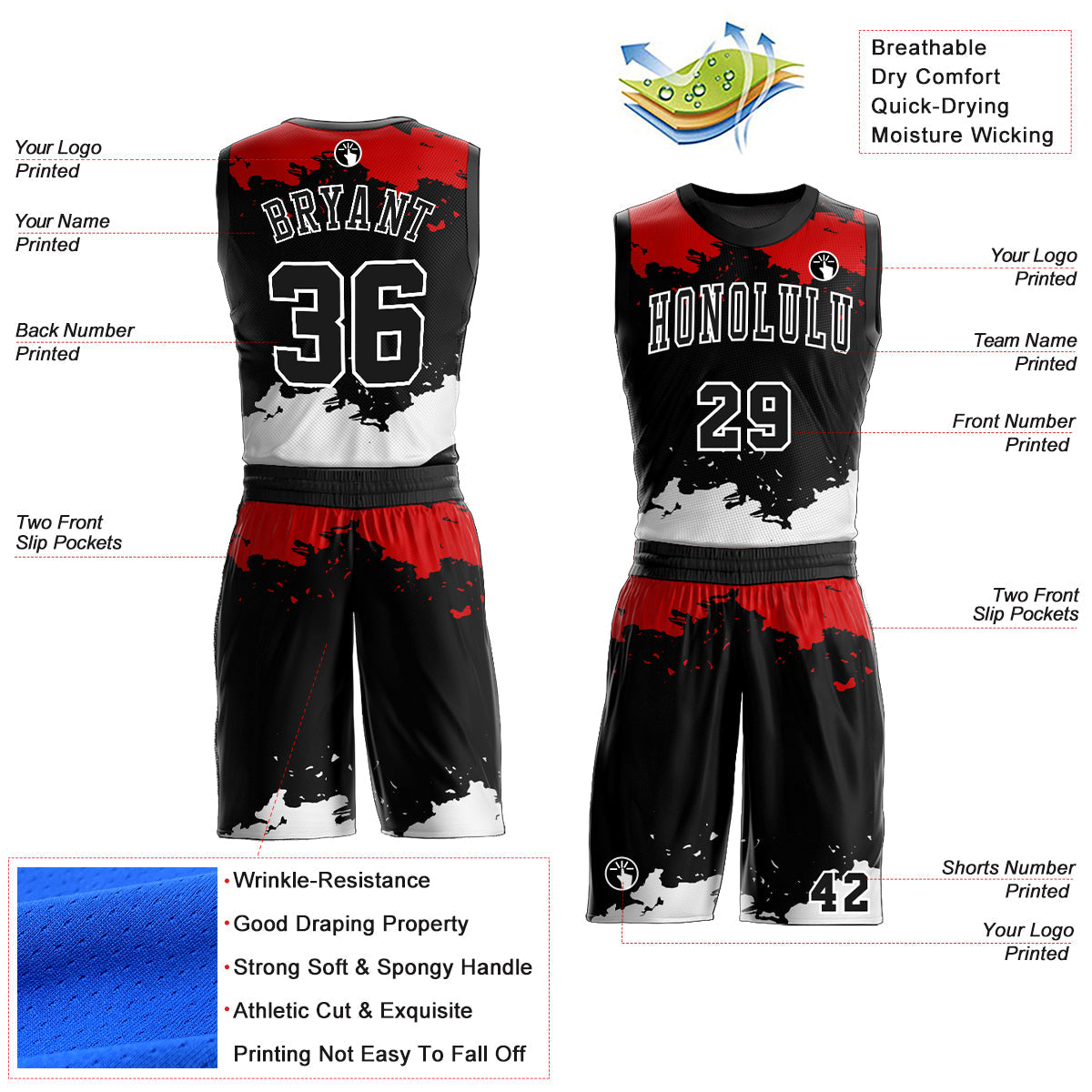 Custom Black Red-White Round Neck Sublimation Basketball Uniform Jersey - Back