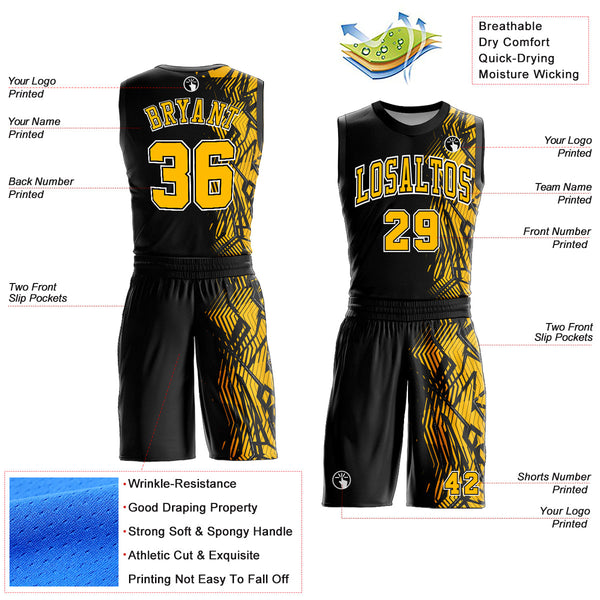 Custom Black Gold-White Round Neck Sublimation Basketball Uniform Jersey alternate