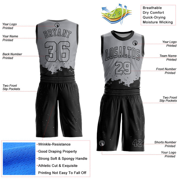 Custom Gray Black Color Splash Round Neck Sublimation Basketball Uniform Jersey alternate