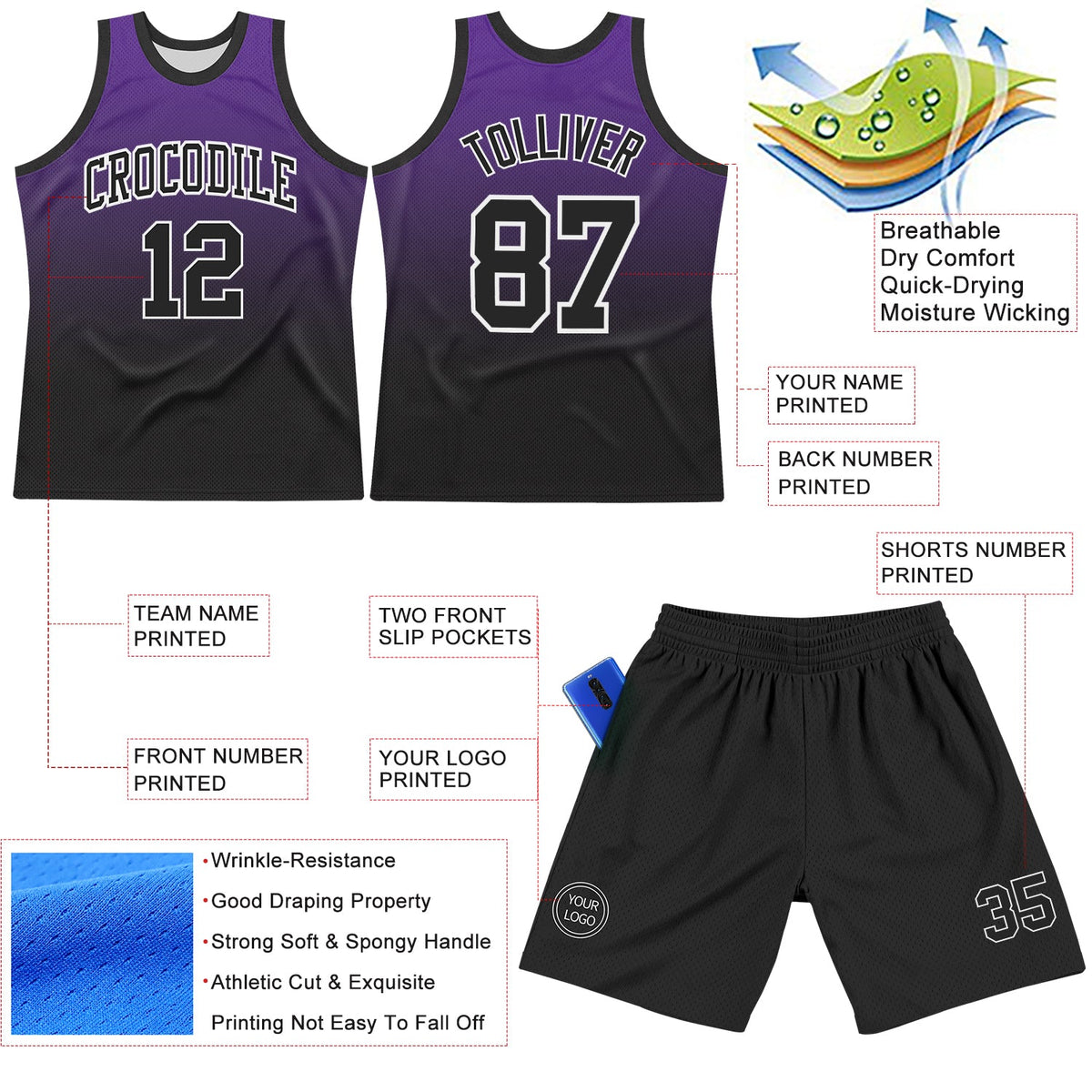 Custom Purple Black-White Fade Fashion Round Neck Sublimation Basketball Set Jersey - Front