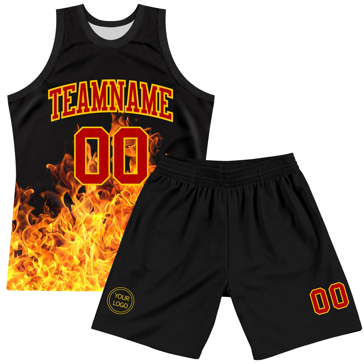 Custom Black Red-Yellow Flame Round Neck Sublimation Basketball Set Jersey - Back