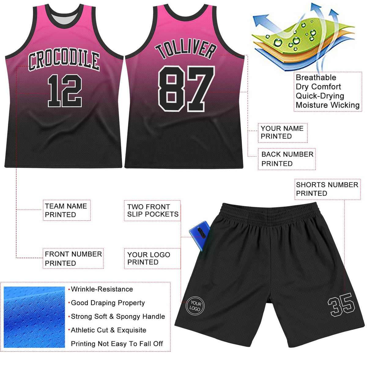 Custom Pink Black-White Fade Fashion Round Neck Sublimation Basketball Set Jersey - Front