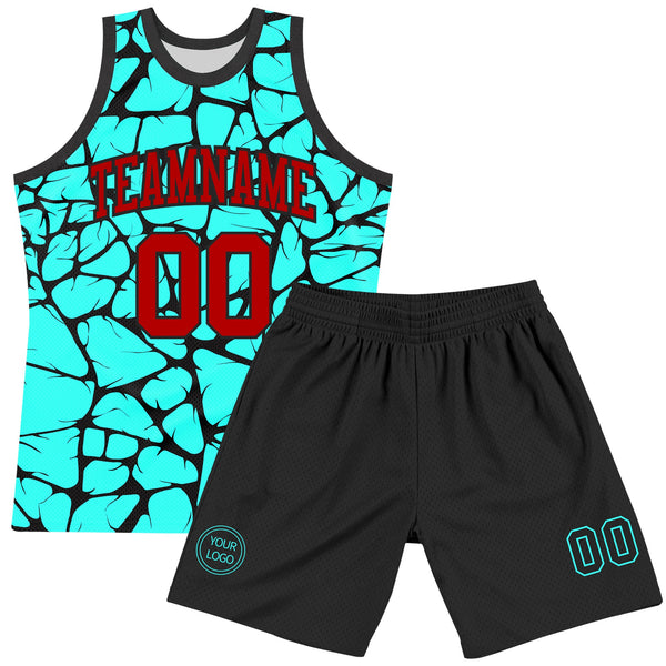 Custom Aqua Red-Black Abstract Network Round Neck Sublimation Basketball Set Jersey alternate