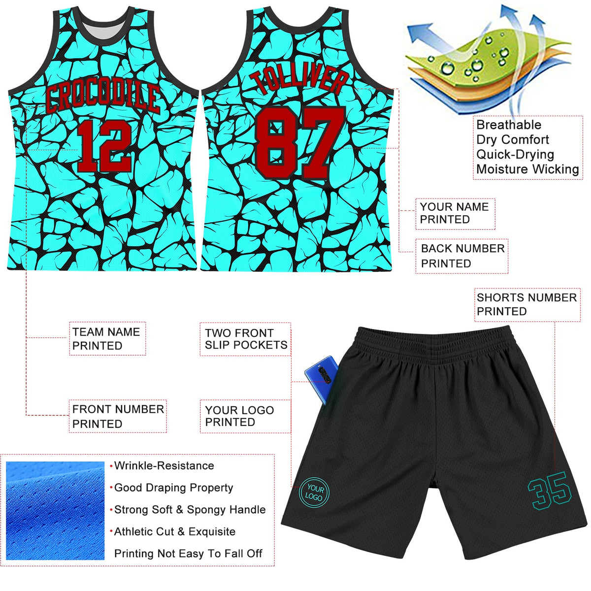 Custom Aqua Red-Black Abstract Network Round Neck Sublimation Basketball Set Jersey - Front