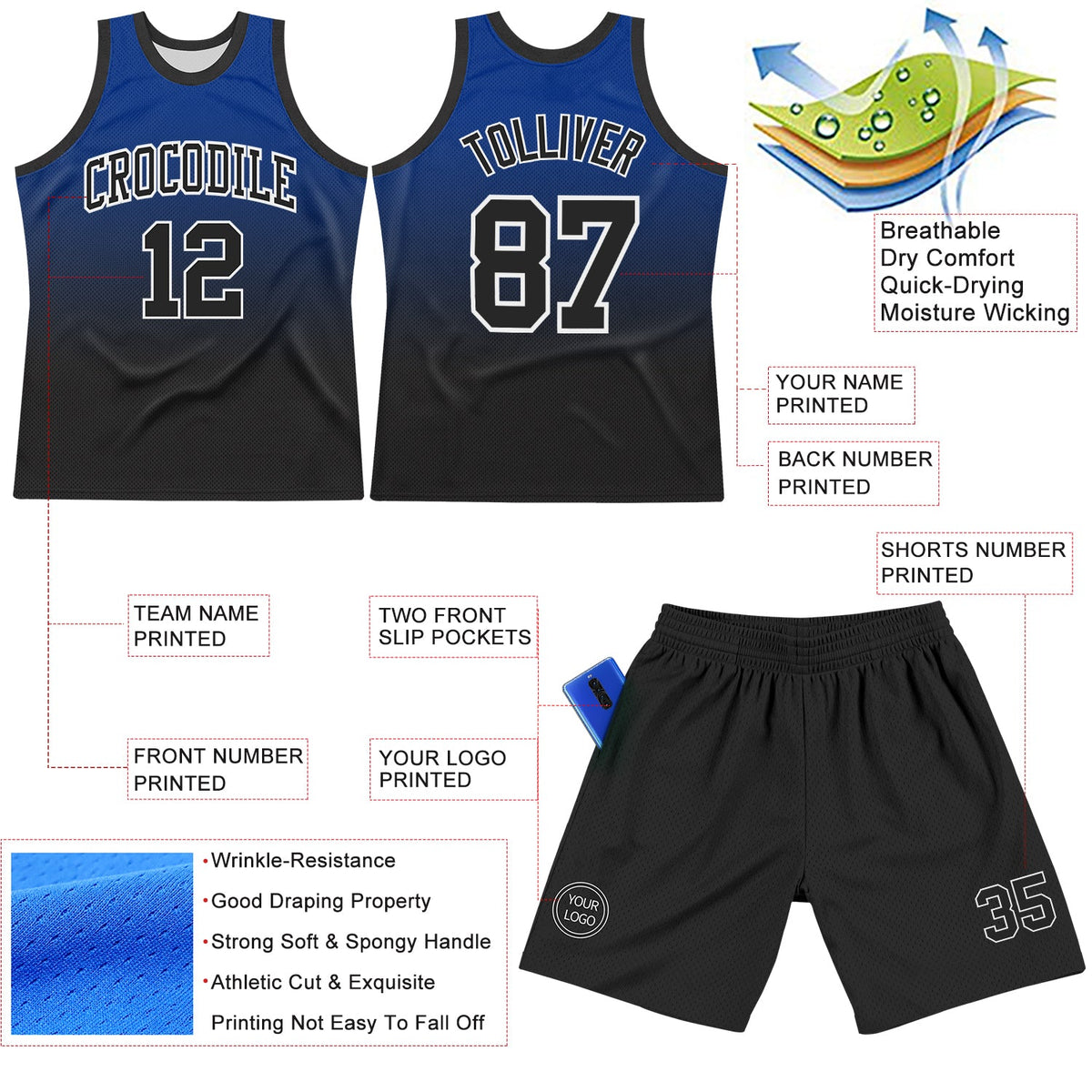 Custom Royal Black-White Fade Fashion Round Neck Sublimation Basketball Set Jersey - Front