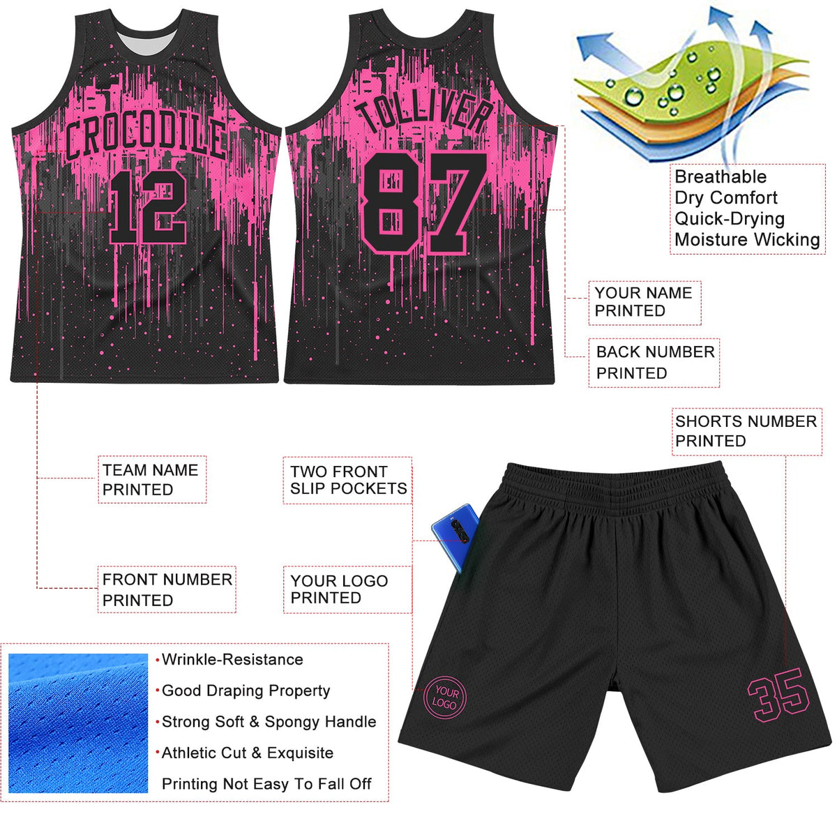 Custom Black Pink Dripping Splatter Art Round Neck Sublimation Basketball Set Jersey - Front