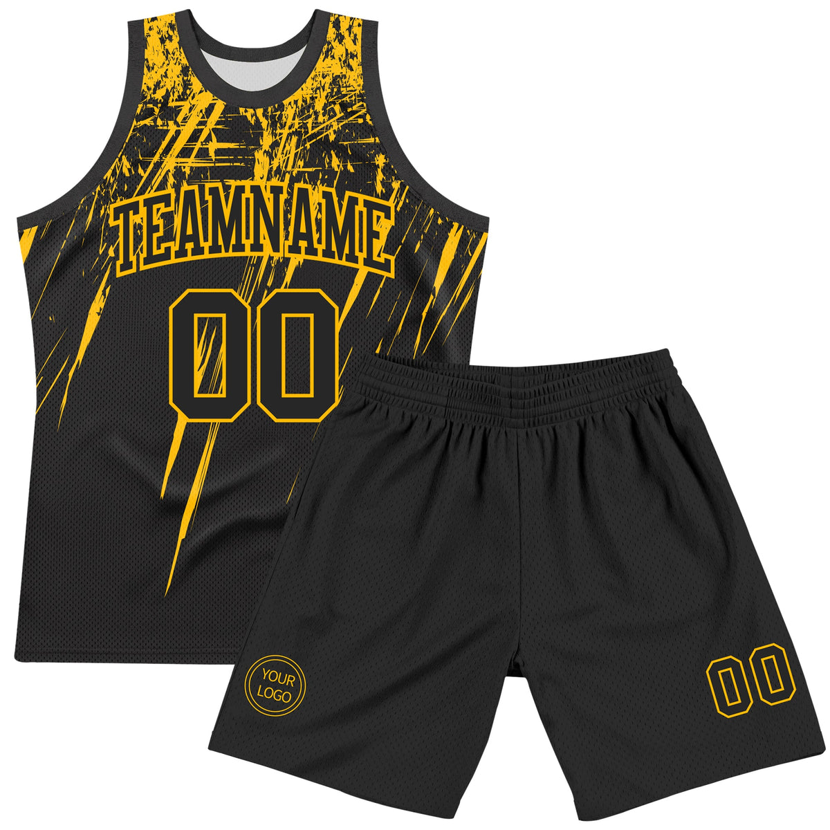 Custom Black Gold Splash Round Neck Sublimation Basketball Set Jersey - Back