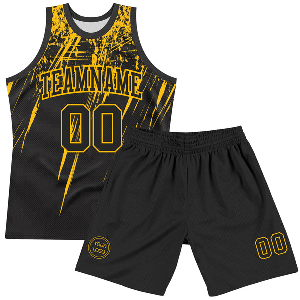 Custom Black Gold Splash Round Neck Sublimation Basketball Set Jersey alternate