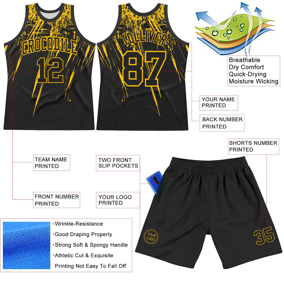 Custom Black Gold Splash Round Neck Sublimation Basketball Set Jersey - Front