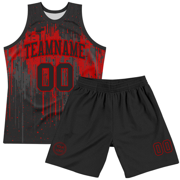 Custom Black Red Dripping Splatter Art Round Neck Sublimation Basketball Set Jersey alternate