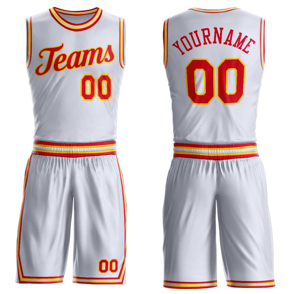 Custom White Red-Gold Round Neck Basketball Uniform Jersey