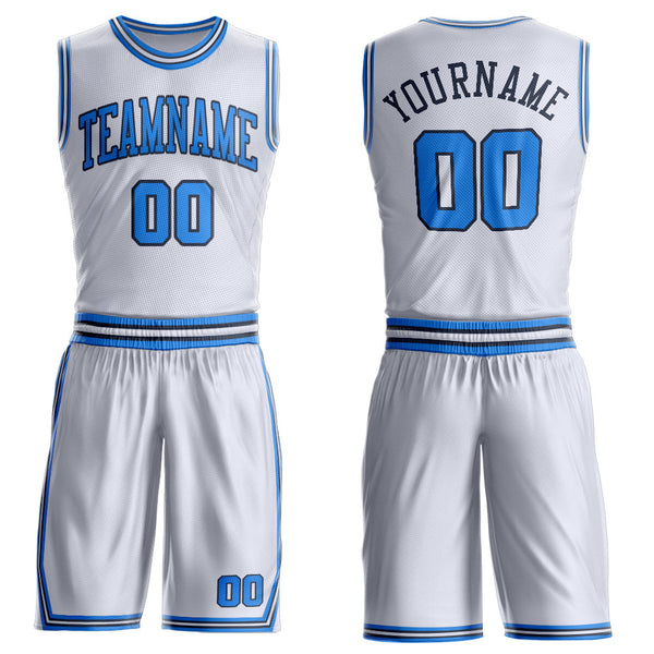 Custom White Powder Blue-Navy Round Neck Basketball Uniform Jersey