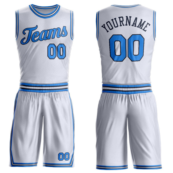 Custom White Powder Blue-Navy Round Neck Basketball Uniform Jersey