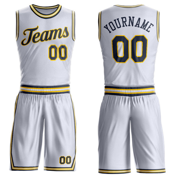 Custom White Navy-Gold Round Neck Basketball Uniform Jersey