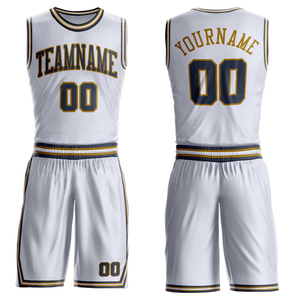 Custom White Navy-Old Gold Round Neck Basketball Uniform Jersey
