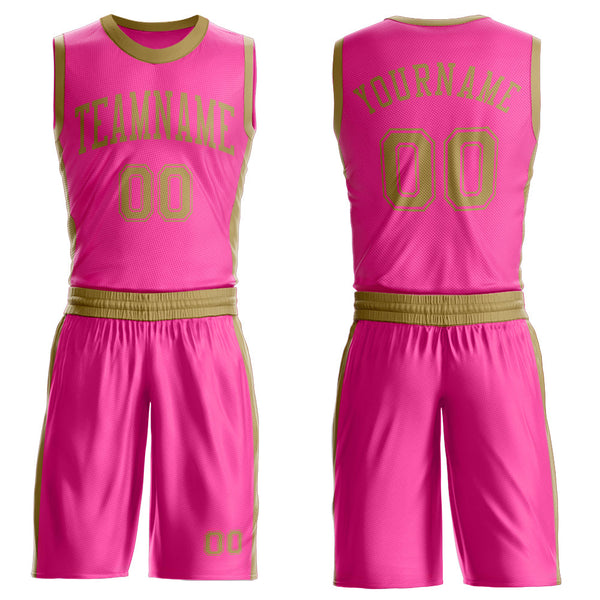 Custom Pink Old Gold Round Neck Basketball Uniform Jersey