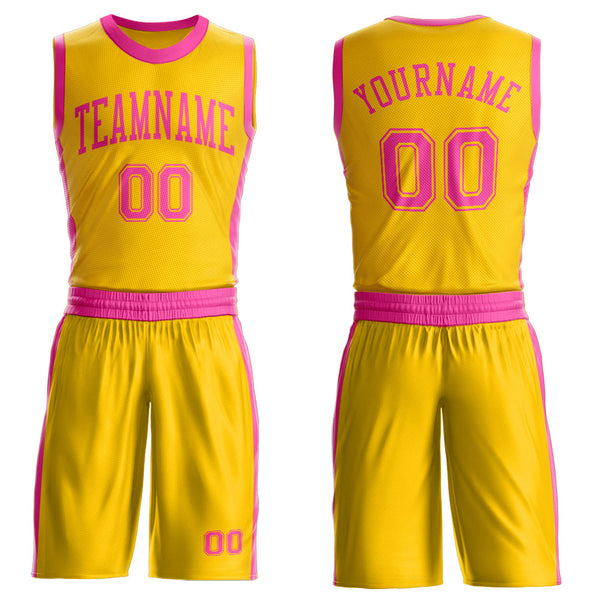 Custom Gold Pink Round Neck Basketball Uniform Jersey