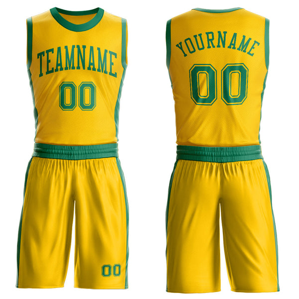 Custom Gold Kelly Green Round Neck Basketball Uniform Jersey