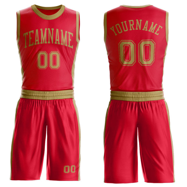 Custom Red Old Gold Round Neck Basketball Uniform Jersey