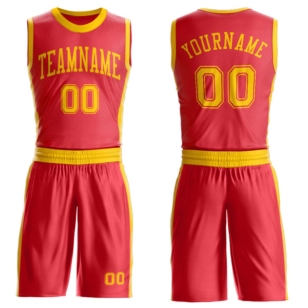 Custom Fire Red Gold Round Neck Basketball Uniform Jersey