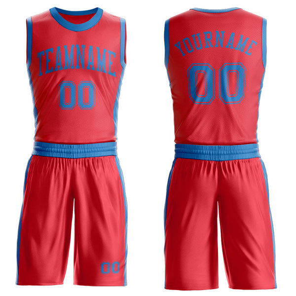 Custom Fire Red Blue Round Neck Basketball Uniform Jersey