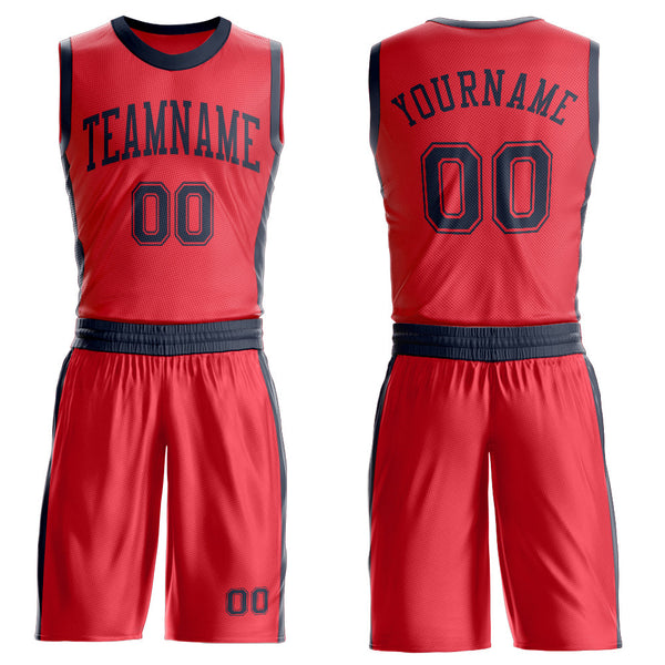 Custom Fire Red Navy Round Neck Basketball Uniform Jersey