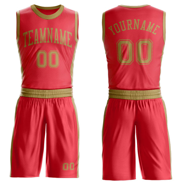Custom Fire Red Old Gold Round Neck Basketball Uniform Jersey