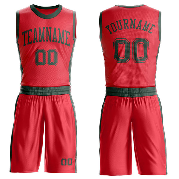 Custom Fire Red Green Round Neck Basketball Uniform Jersey