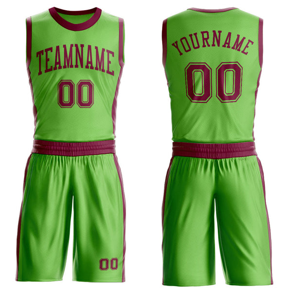 Custom Neon Green Maroon Round Neck Basketball Uniform Jersey