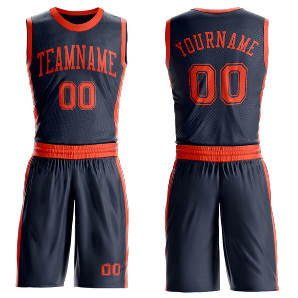 Custom Navy Orange Round Neck Basketball Uniform Jersey
