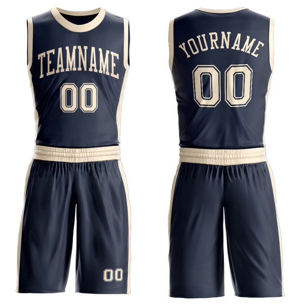 Custom Navy Cream Round Neck Basketball Uniform Jersey