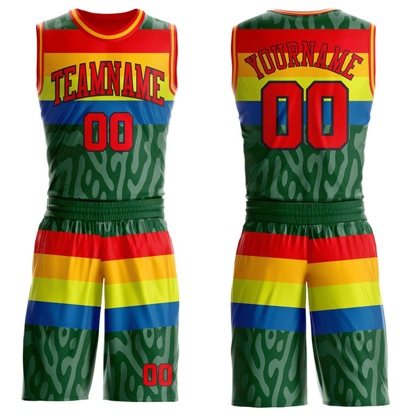 Custom Green Fire Red Blue Black-Gold Stripe Camo Round Neck Sublimation Basketball Suit Jersey