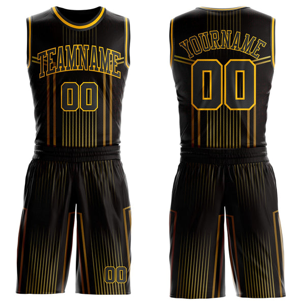 Custom Black Old Gold-Gold Vertical Stripe Gradient Round Neck Sublimation Basketball Uniform Jersey