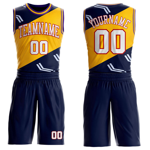 Custom Navy White Red Purple-Gold Diagonal Split Arrow Stripe Round Neck Sublimation Basketball Uniform Jersey