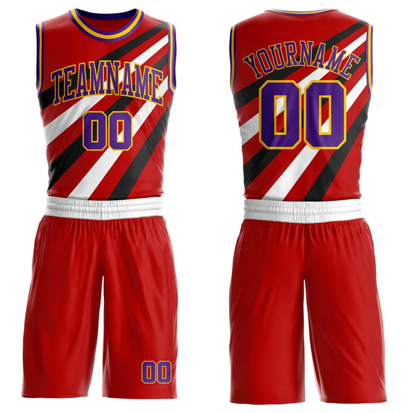 Custom Red Purple Black-Gold Diagonal Stripe Round Neck Sublimation Basketball Uniform Jersey