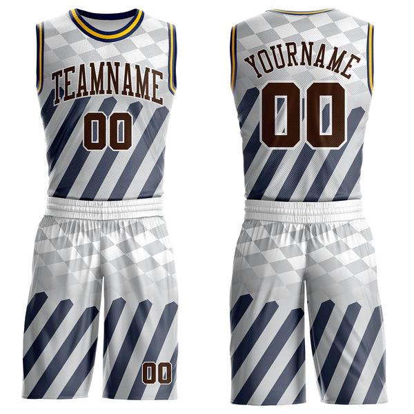 Custom White Brown Gray Navy-Yellow Checkerboard Diagonal Stripe Round Neck Sublimation Basketball Uniform Jersey