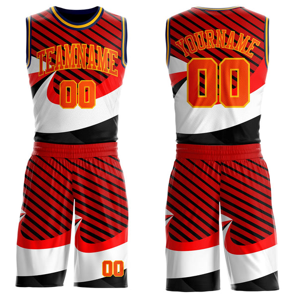Custom Red Orange Black Gold-Navy Wave Stripe Round Neck Sublimation Basketball Suit Jersey