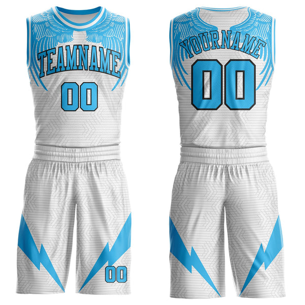 Custom White Sky Blue-Black Wing Lightning Boho Style Round Neck Sublimation Basketball Uniform Jersey