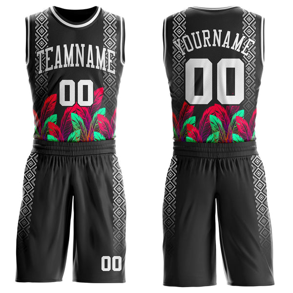 Custom Black White Red-Green Feather Geometric Boho Style Round Neck Sublimation Basketball Uniform Jersey