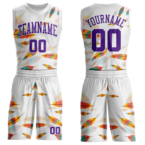 Custom White-Purple Feather Boho Style Round Neck Sublimation Basketball Uniform Jersey