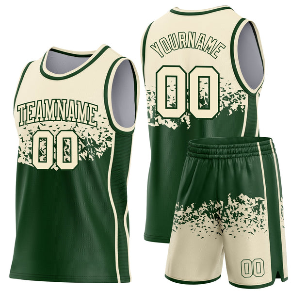 Custom Cream-Green Shattered Geometric Side Panel Stripe Round Neck Sublimation Basketball Set Jersey alternate