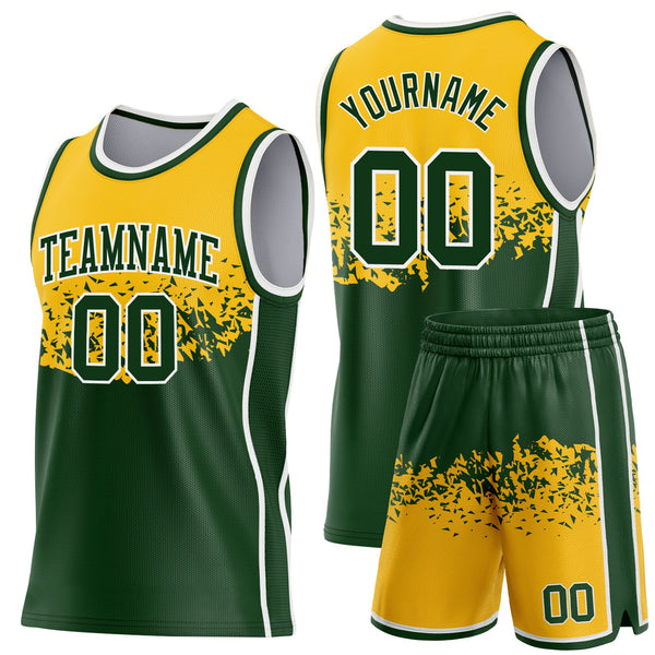 Custom Gold Green-White Shattered Geometric Side Panel Stripe Round Neck Sublimation Basketball Set Jersey alternate