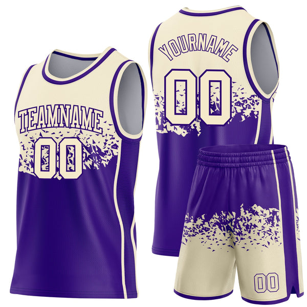 Custom Cream-Purple Shattered Geometric Side Panel Stripe Round Neck Sublimation Basketball Set Jersey alternate