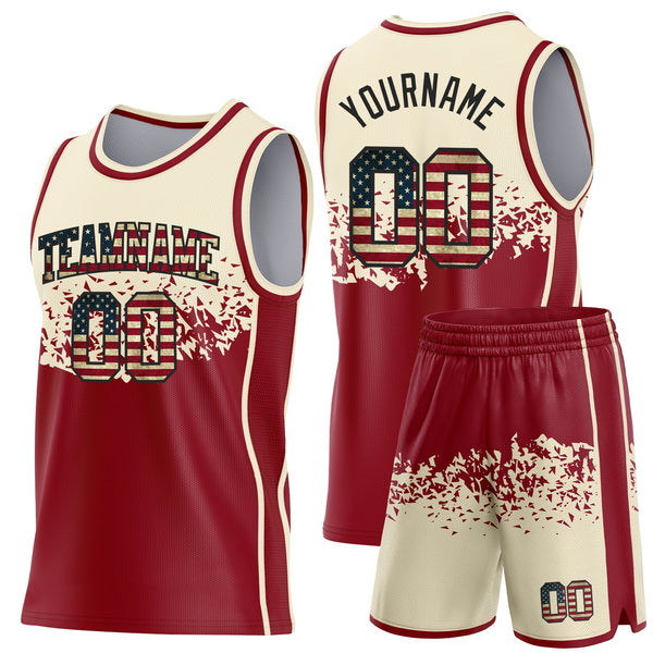 Custom Cream Vintage USA Flag Maroon-Black Shattered Geometric Side Panel Stripe Round Neck Sublimation Basketball Set Jersey alternate