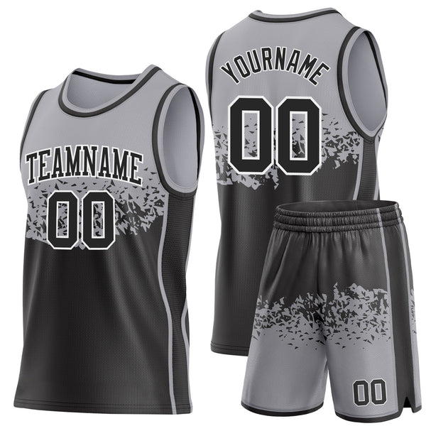Custom Gray Black-White Shattered Geometric Side Panel Stripe Round Neck Sublimation Basketball Set Jersey alternate