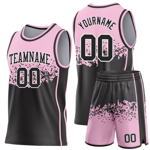 Custom Light Pink Black-White Shattered Geometric Side Panel Stripe Round Neck Sublimation Basketball Set Jersey alternate