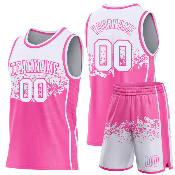 Custom White-Pink Shattered Geometric Side Panel Stripe Round Neck Sublimation Basketball Set Jersey alternate